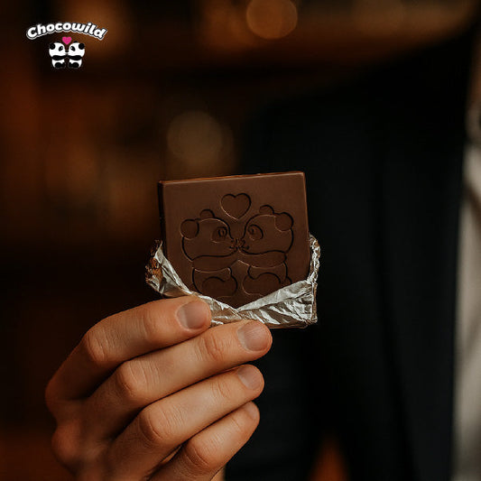 Confident man holding Chocowild chocolate with discreet smile