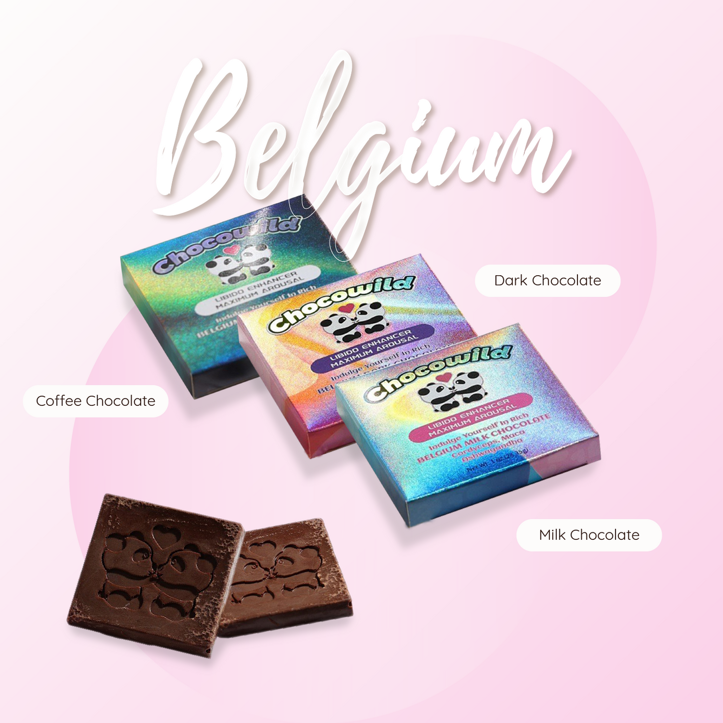 A trio of Chocowild Belgian chocolates—Coffee, Dark, and Milk—each in vibrant holographic packaging, displayed with engraved chocolate squares featuring panda designs. Elegant “Belgium” script on a soft pink background.