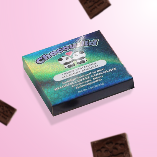 CHOCOWILD Coffee Chocolate – Single Pack with Belgium coffee chocolate, Maca, and Ashwagandha, on pink background
