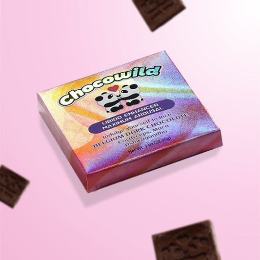 CHOCOWILD Dark Chocolate – Single Pack with Belgium coffee chocolate, Maca, and Ashwagandha, on pink background