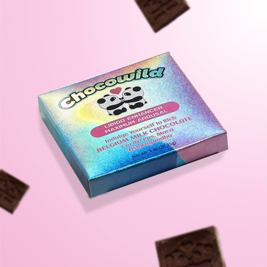CHOCOWILD Milk Chocolate – Single Pack with Belgium coffee chocolate, Maca, and Ashwagandha, on pink background