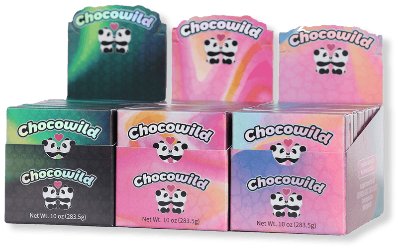 Display of six colorful Chocowild candy boxes in various pastel and gradient designs, featuring the panda logo with a heart.