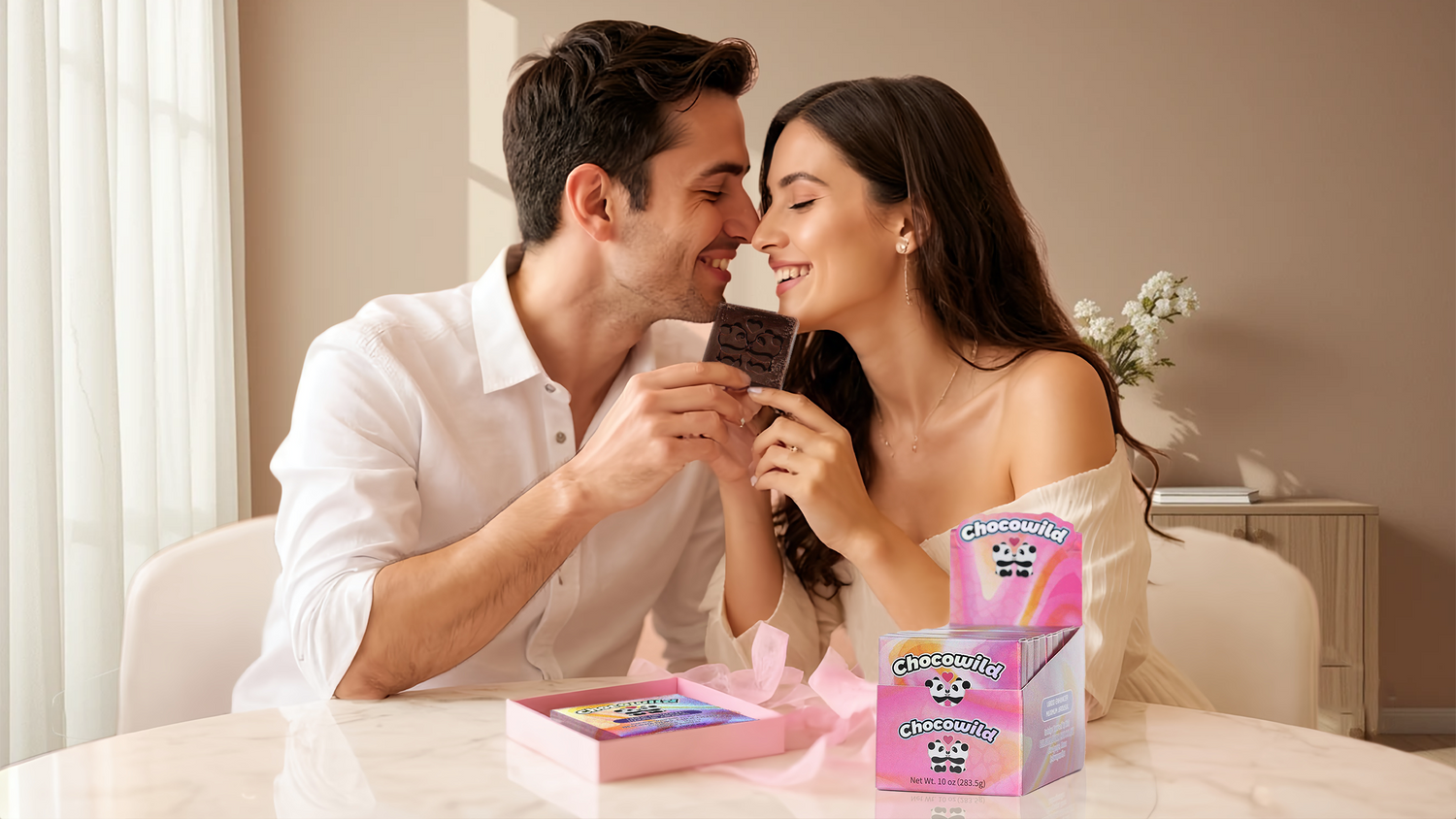 Happy couple sharing a piece of Chocowild chocolate at a bright, cozy table with soft natural light, pastel packaging displayed in the foreground.