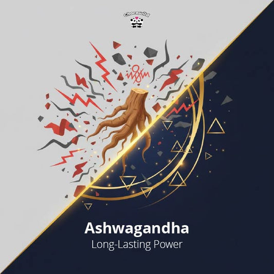 Ashwagandha root illustration with balanced energy symbols.