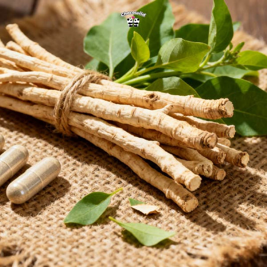 Ashwagandha root, green leaves, and supplement pills on a neutral background, symbolizing the blend of traditional herb and modern science.