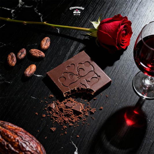 A flat lay of dark chocolate and romantic elements, representing the best chocolate for mood and intimacy.