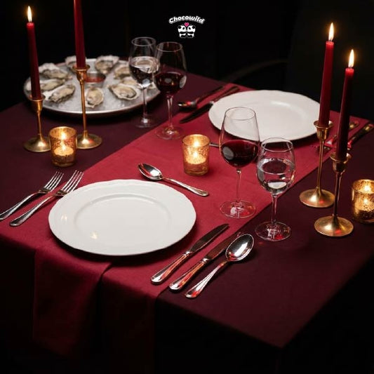 A luxurious romantic dinner setting with red wine and candlelight, featuring the best food for sex stamina.