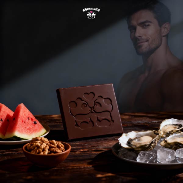 A variety of sex stamina booster foods like dark chocolate, oysters, and nuts arranged on a table.