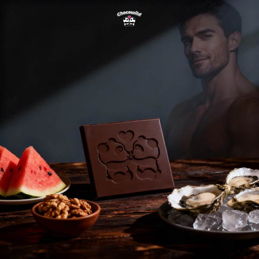 A variety of sex stamina booster foods like dark chocolate, oysters, and nuts arranged on a table.