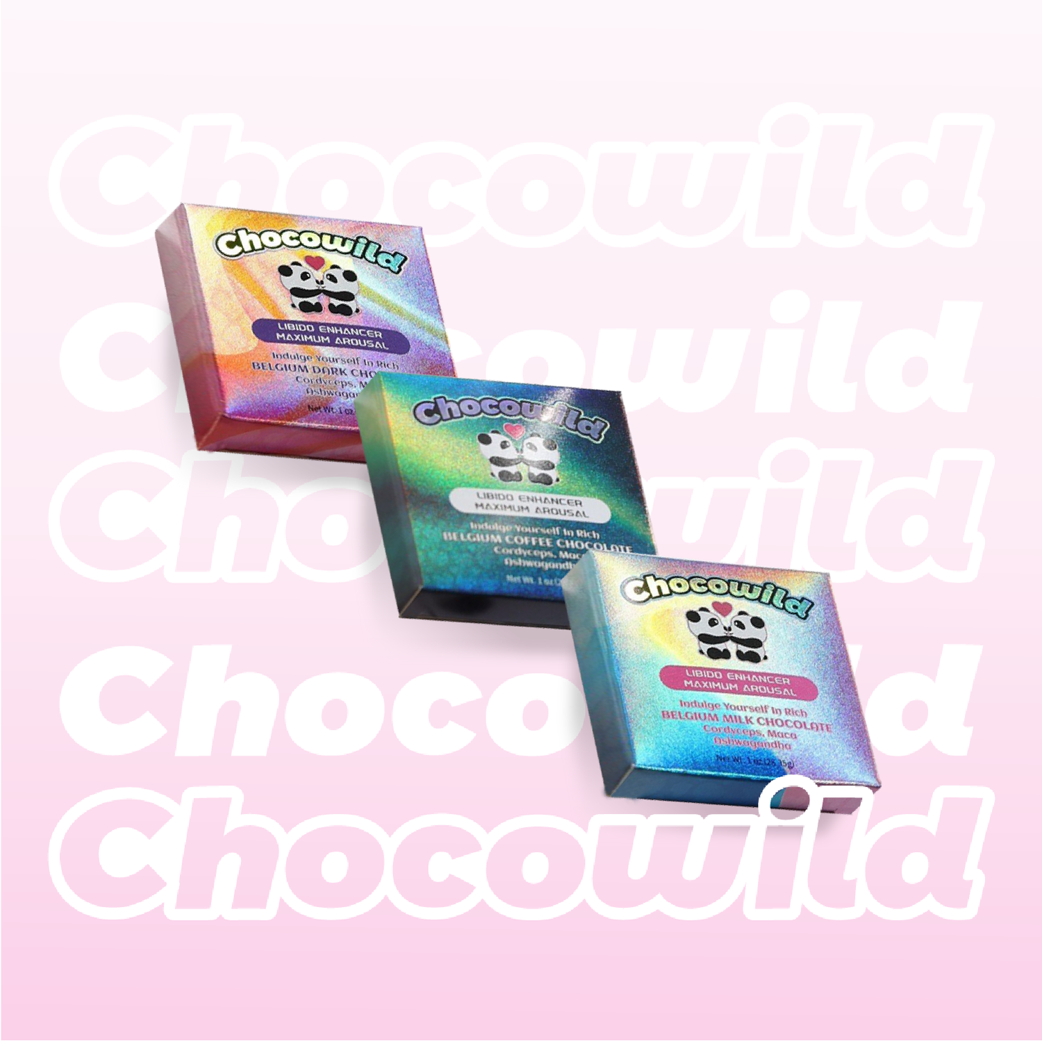 Three CHOCOWILD single chocolate packets in Dark, Coffee, and Milk flavors, displayed on a pink background with Chocowild branding – premium Belgian chocolate designed for energy, desire, and control.