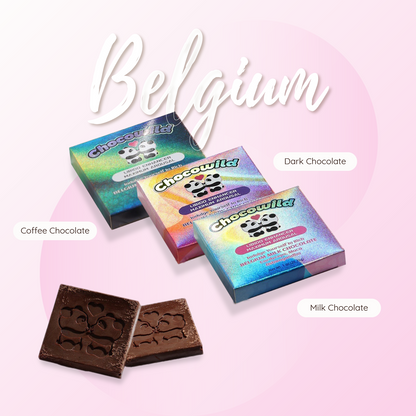 A trio of Chocowild Belgian chocolates—Coffee, Dark, and Milk—each in vibrant holographic packaging, displayed with engraved chocolate squares featuring panda designs. Elegant “Belgium” script on a soft pink background.