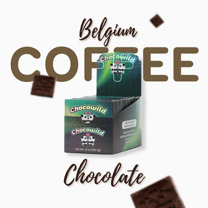 CHOCOWILD Belgium Coffee Chocolate – Box of 10 bars with bold packaging and chocolate visuals