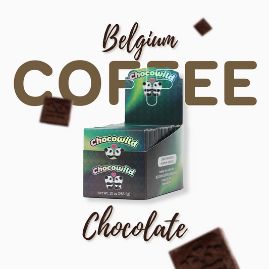 CHOCOWILD Belgium Coffee Chocolate – Box of 10 bars with bold packaging and chocolate visuals