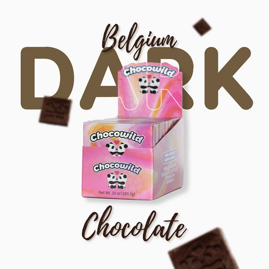 CHOCOWILD Belgium Dark Chocolate – Box of 10 bars with bold packaging and chocolate visuals