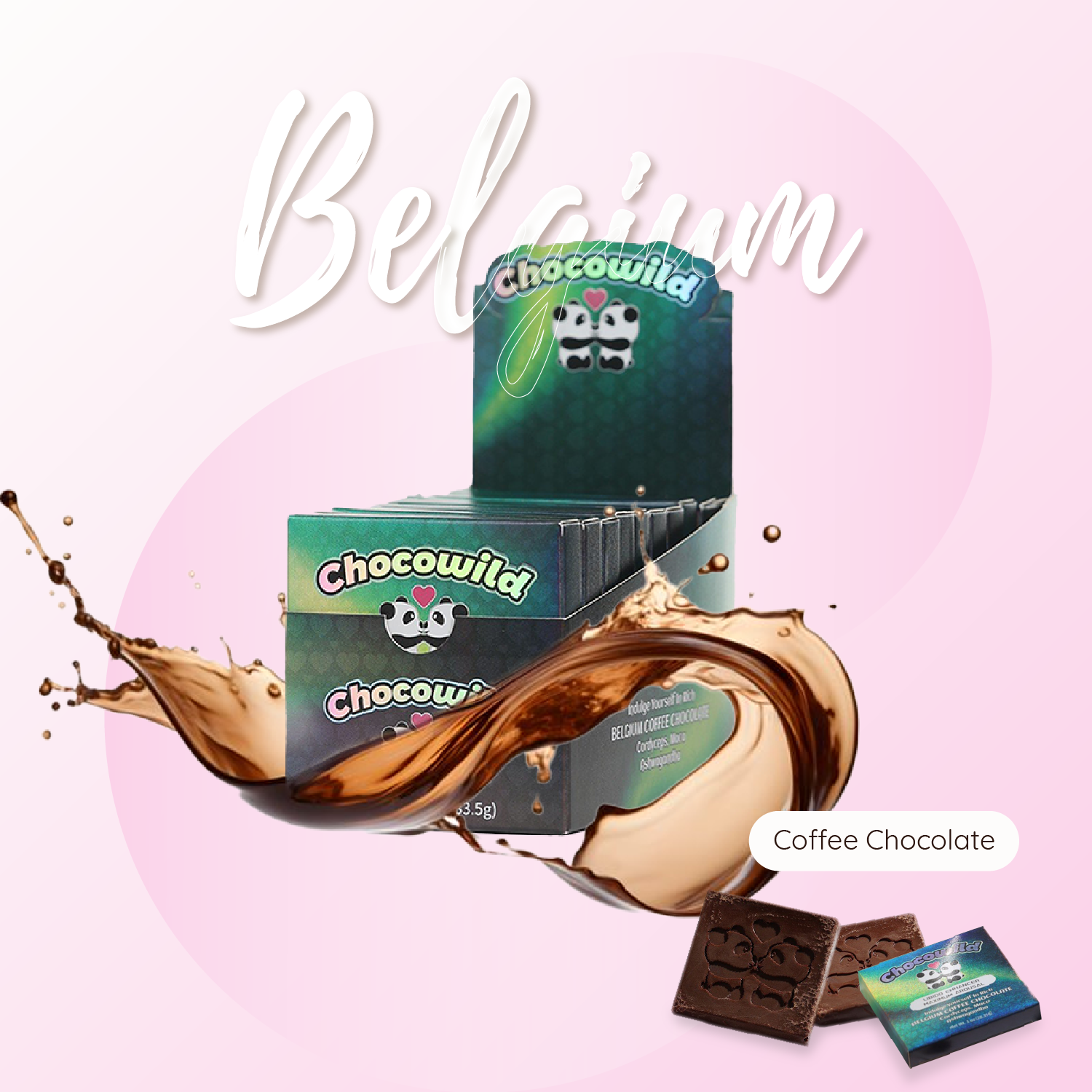 Chocowild Coffee Chocolate display box featuring green-blue holographic packaging with panda illustrations, surrounded by dynamic coffee splash effects. Includes close-up chocolate squares with embossed panda designs, set against a soft pink background with “Belgium” in elegant script.