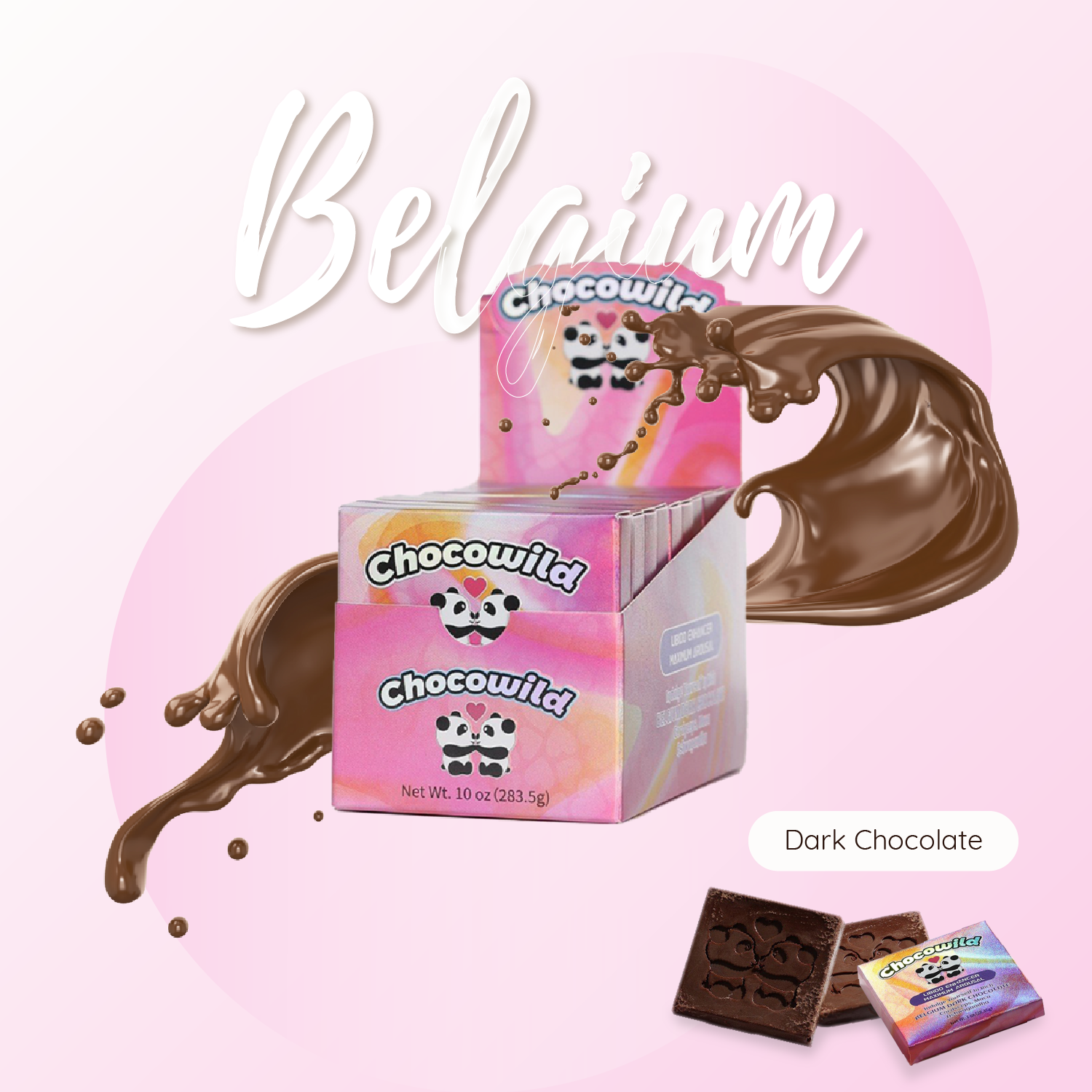 Chocowild Dark Chocolate display box with vibrant pink-orange packaging and panda illustrations, surrounded by flowing dark chocolate splashes. Includes close-up chocolate squares with engraved panda designs, set against a soft pink background with the word “Belgium” in elegant script.