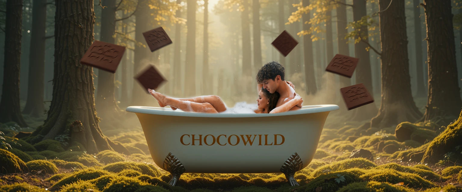 A romantic couple relaxing in a bathtub in the middle of a forest, with floating ChocoWild chocolate pieces and dreamy sunlight streaming through the trees.