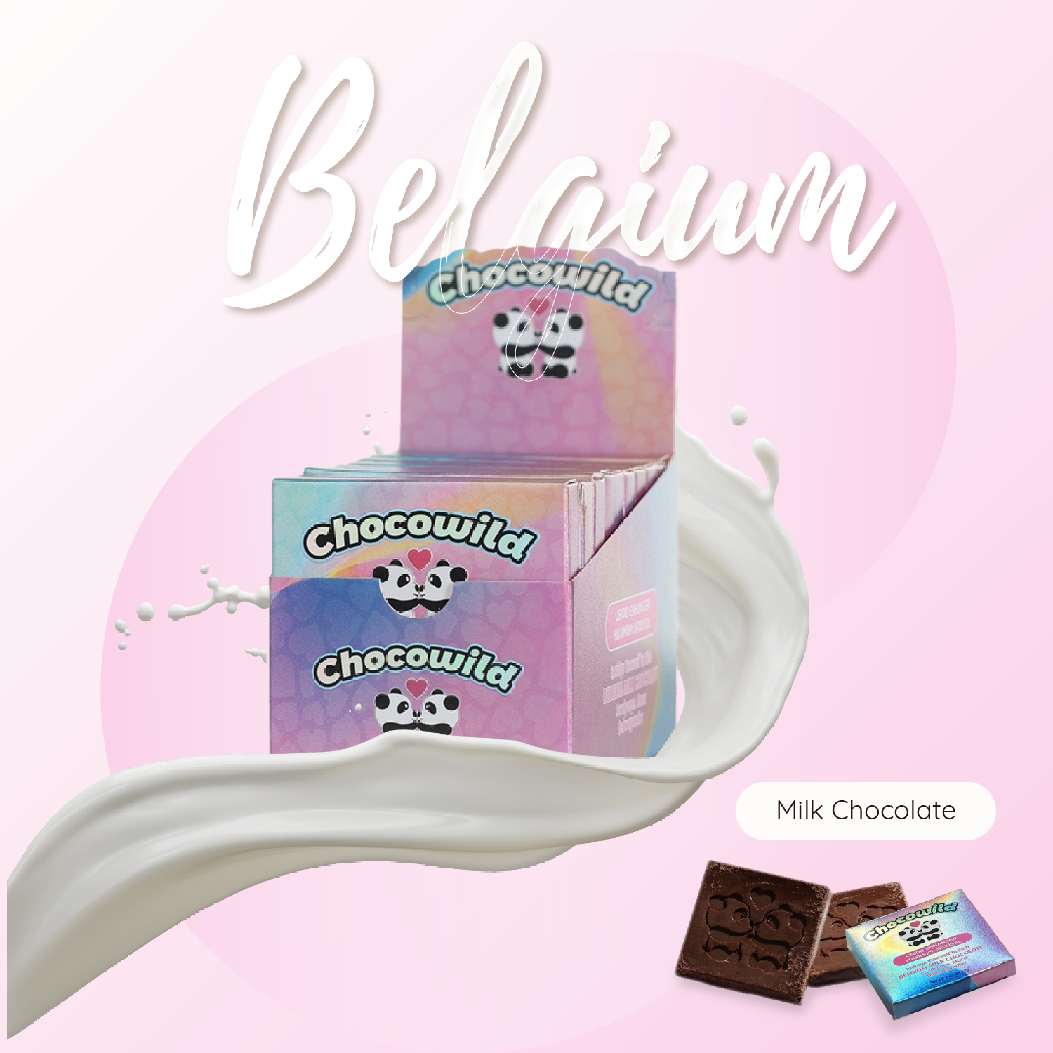 Display box of Chocowild Milk Chocolate featuring pastel packaging with panda icons, surrounded by a splash of milk and set against a soft pink background. Includes close-up chocolate squares engraved with panda designs.