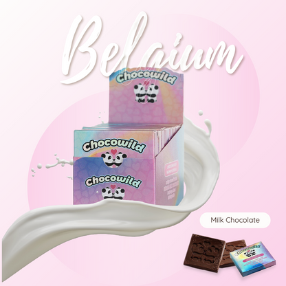 Display box of Chocowild Milk Chocolate featuring pastel packaging with panda icons, surrounded by a splash of milk and set against a soft pink background. Includes close-up chocolate squares engraved with panda designs.