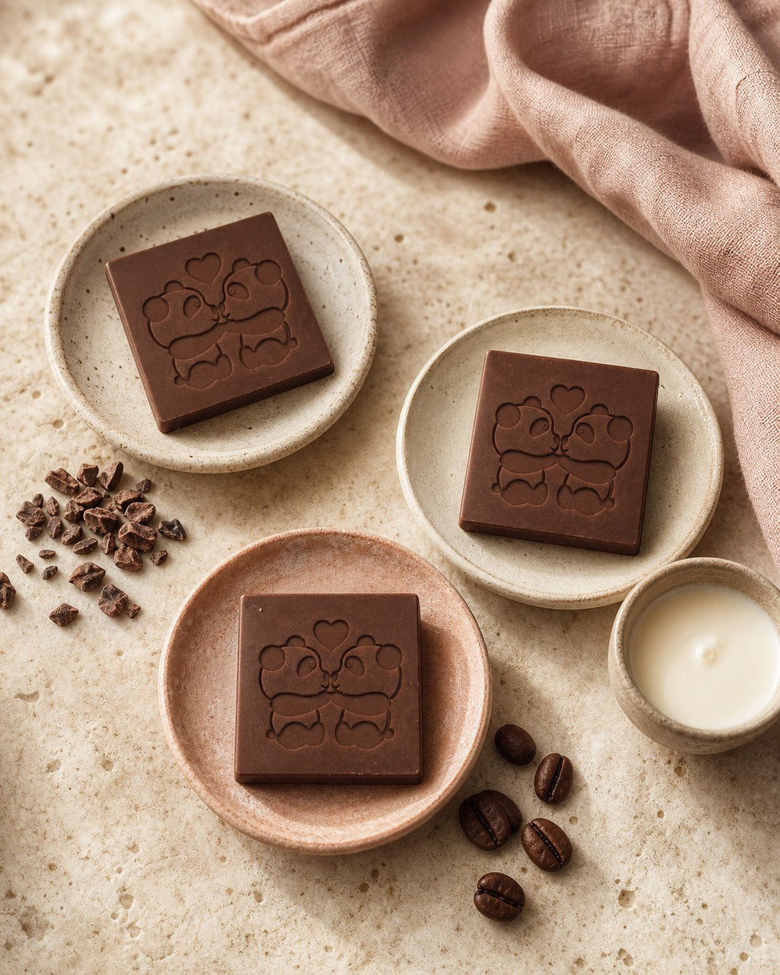 Three Chocowild signature chocolate pieces with cacao, milk and coffee notes