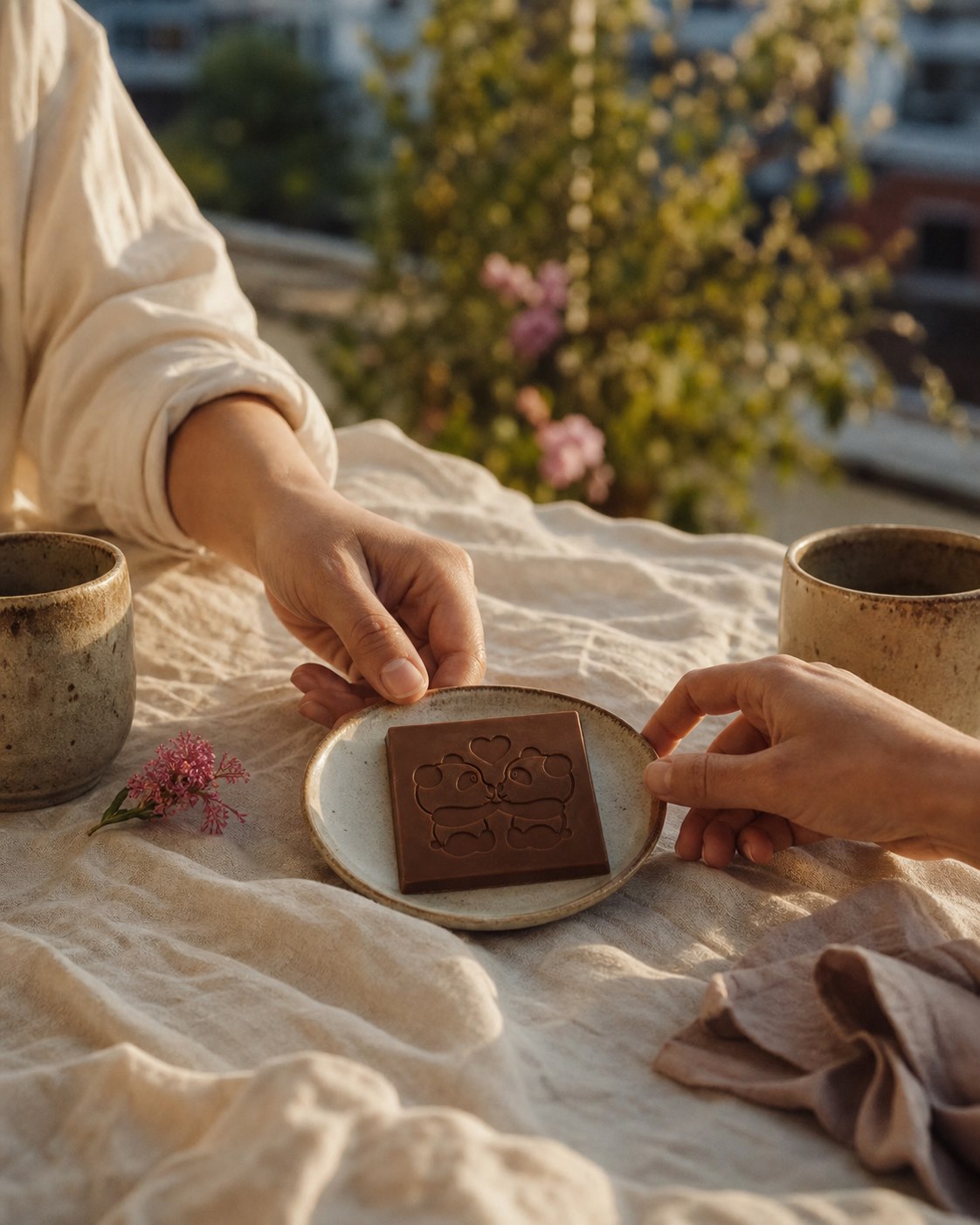 Two people sharing a Chocowild chocolate ritual on a sunlit terrace