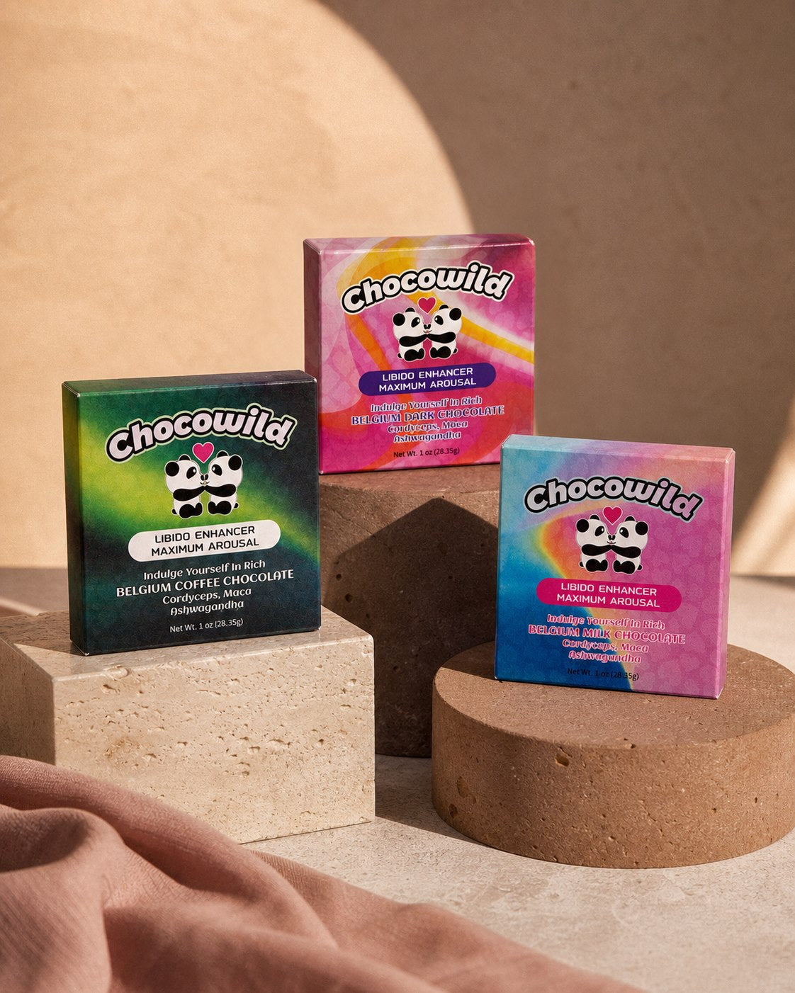 Chocowild Coffee, Dark and Milk chocolate boxes in an editorial studio scene