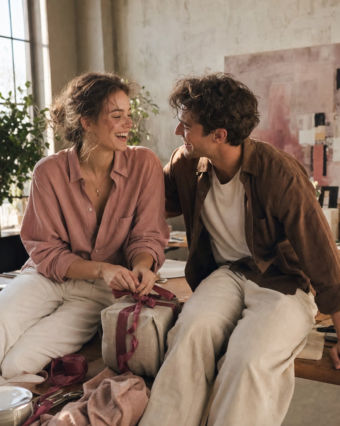 A young adult couple laughing together while wrapping a gift