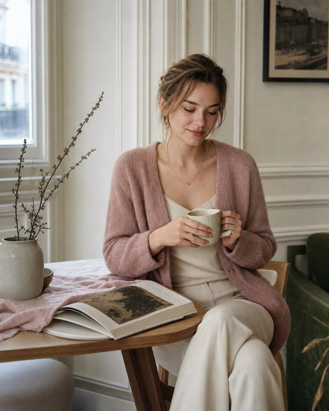 A young adult woman enjoying a quiet morning with a warm drink
