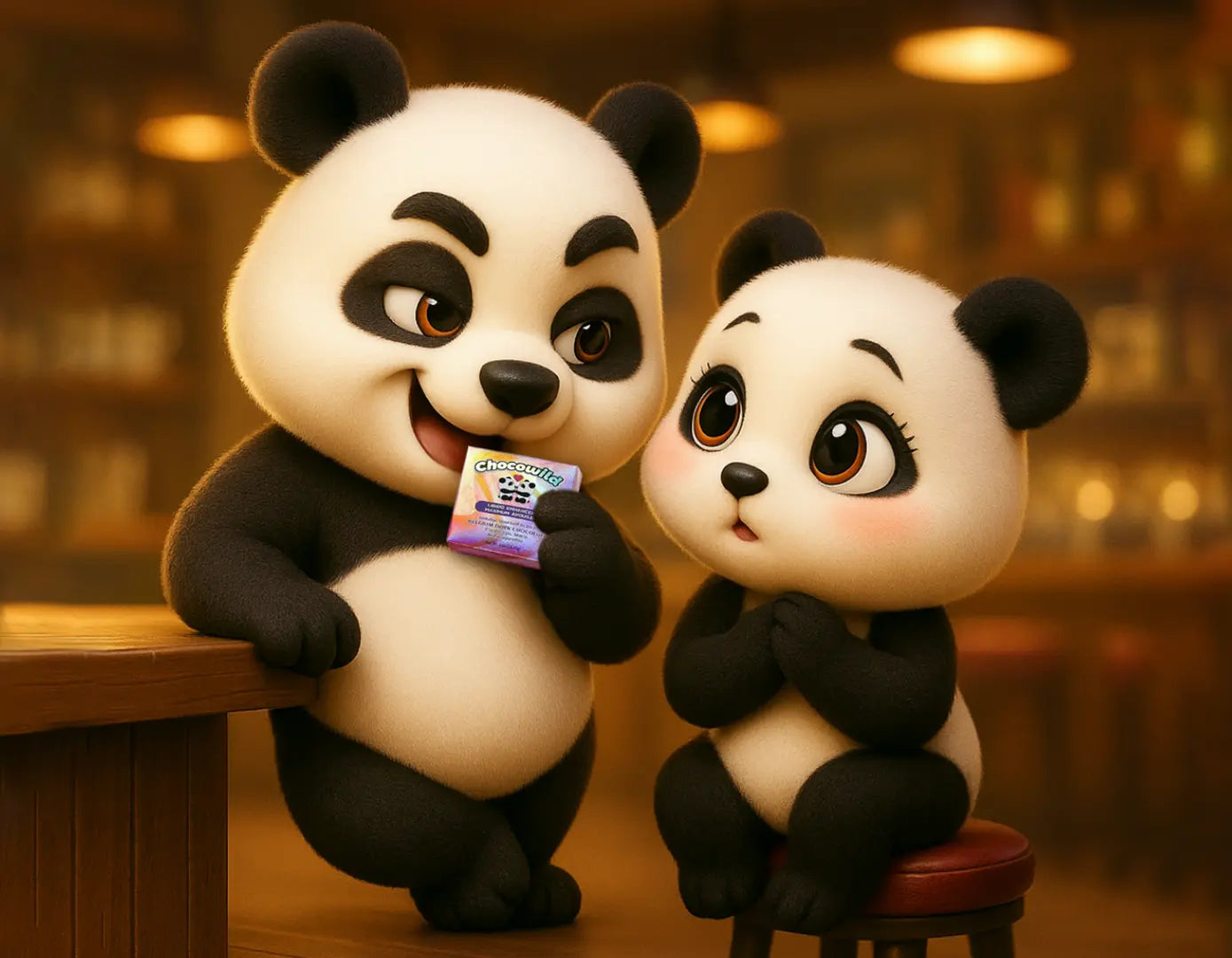 Confident male panda holding a Chocowild chocolate bar, charming a blushing female panda with a passionate gaze – symbolizing masculine strength and natural attraction