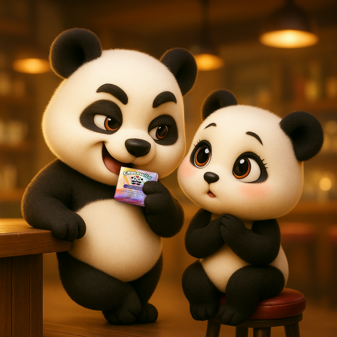 Wildy, the confident male panda, leans against a bar while holding a half-eaten Chocowild chocolate bar, casting a playful, seductive gaze toward Choco — the shy female panda seated beside him, hands near her chest, eyes wide and sparkling with curiosity. The scene is bathed in warm bar lighting, capturing a tender yet instinctual connection between them.